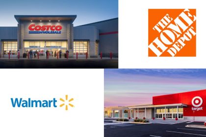 Target and Costco storefront, and logos of Walmart, and The Home Depot