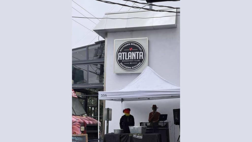 Outside image of Atlanta Breakfast Club where some music arrangement can also be seen for entertainment of diners