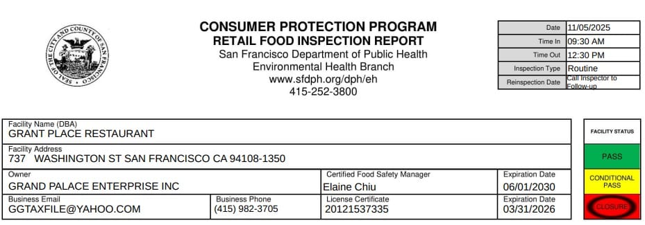 Grant Place Restaurant inspection report screenshot