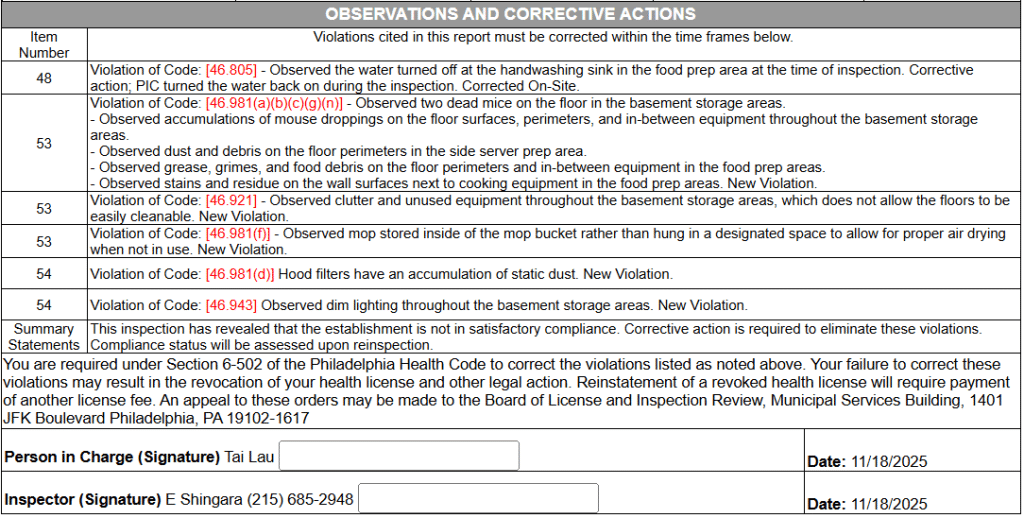 Screenshot of some of the violations and summary statements from the inspection report of Hajimaru Ramen