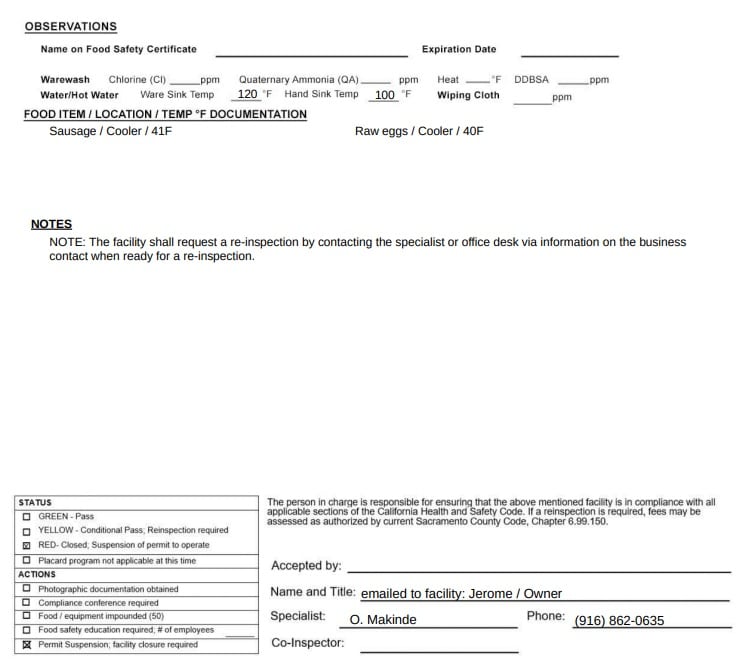 The facility was ordered closed after inspectors found evidence of vermin activity, including about 20 rat droppings under sinks, shelving, and equipment in the pink dry storage room, and five more beneath the prep table.
