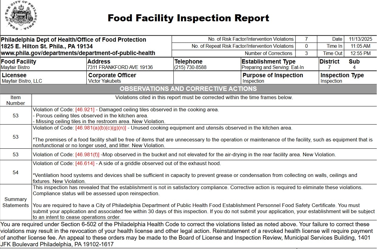 The inspection noted that the three-compartment sink’s rinse section was not clean and not set up properly for sanitizing utensils, with debris present.