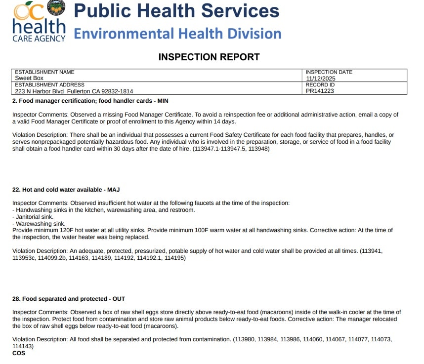 The report said inspectors found no cold water at the janitorial sink and warewashing sink, requiring repairs to ensure a proper water supply.