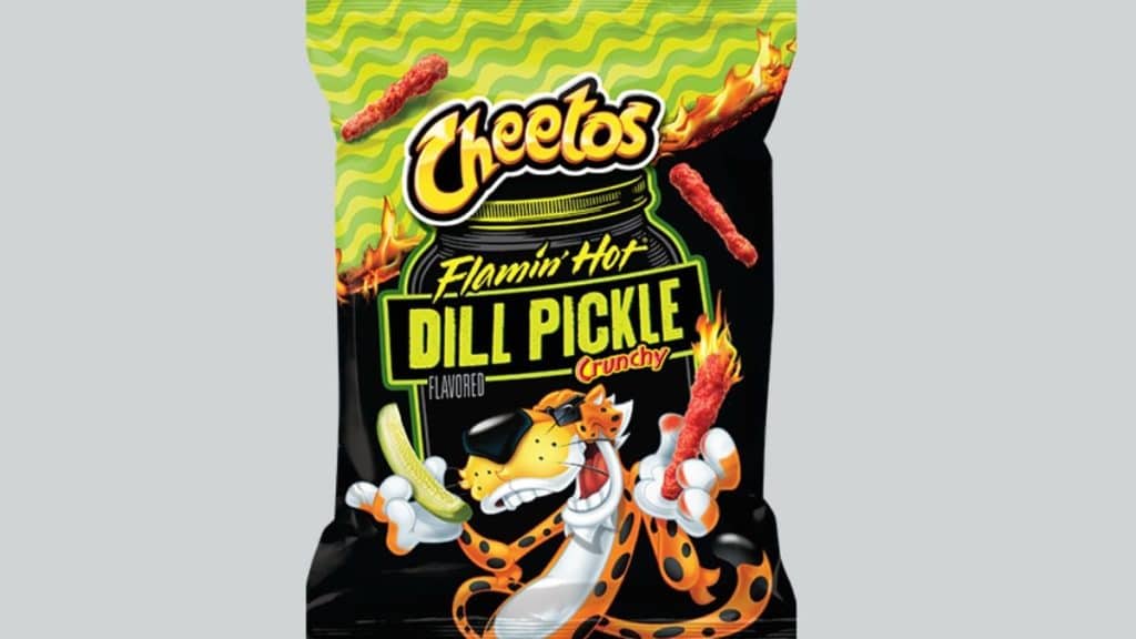 A pack of Cheetos Flamin’ Hot Dill Pickle Cheese Puffs