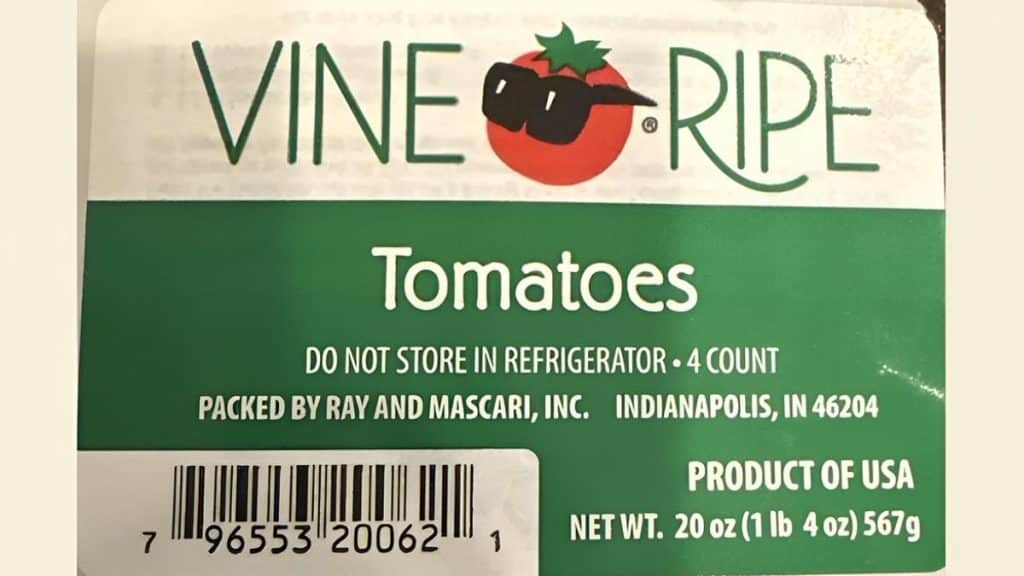 Label of the recalled Vine Ripe Tomato pack, packed by Ray and Mascari, Inc. (Source: fda.gov)
