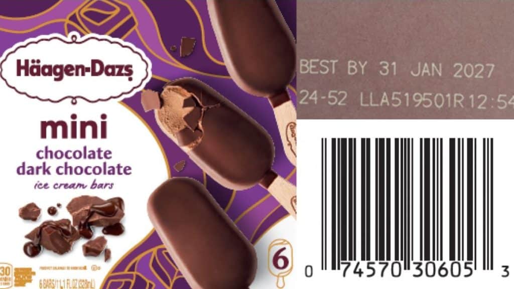 Illustration of Häagen-Dazs Mini Chocolate Dark Chocolate ice cream bar pack (Source: fda.gov)