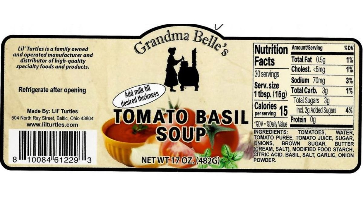 Lil’ Turtles has issued a voluntary recall of its Grandma Belle’s Tomato Basil Soup due to undeclared milk. 