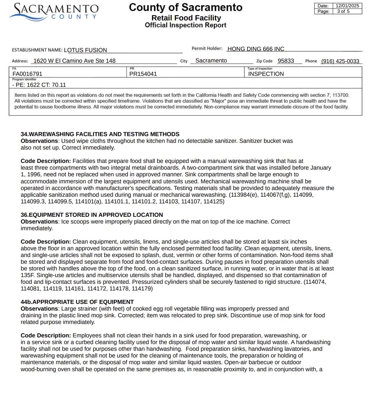 There were major violations involving fried chicken, pork, and chow mein noodles held at room temperature without TPHC documentation.