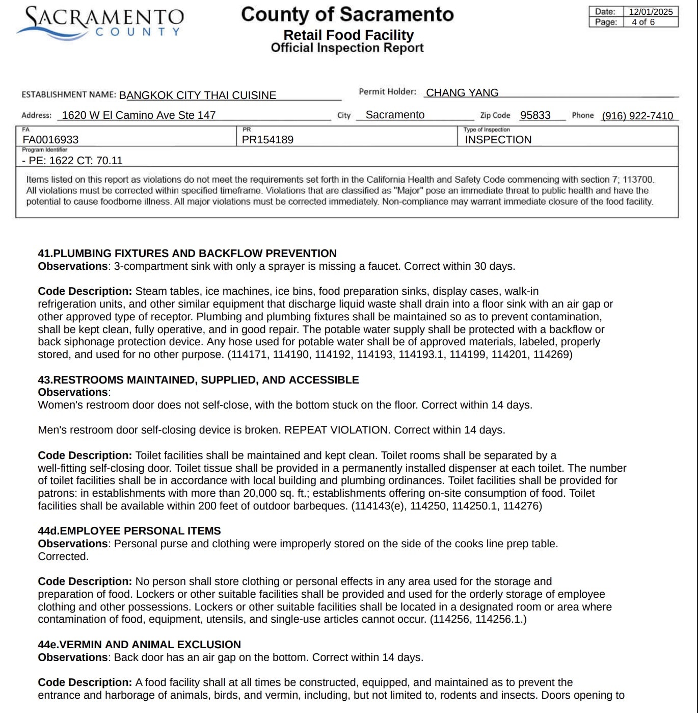 The report stated that several food handler cards were incomplete.