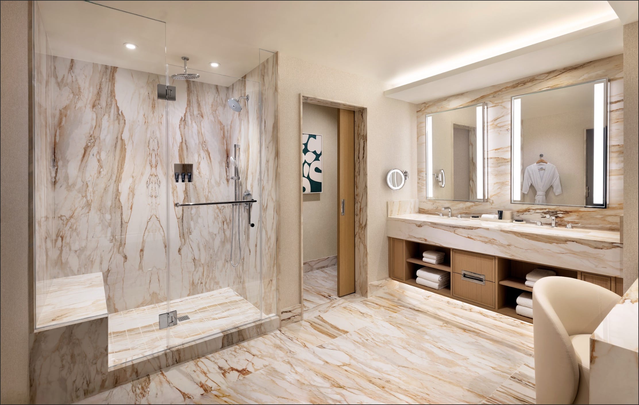 The 162 guestrooms and 37 suites located in the West Tower combine rich textures and detailing, bringing out the residential warmth.