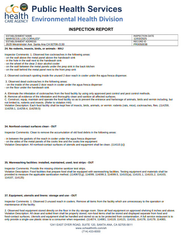 Mariscos Los Corales suggested to close due to pest infestation revealed in a health inspection