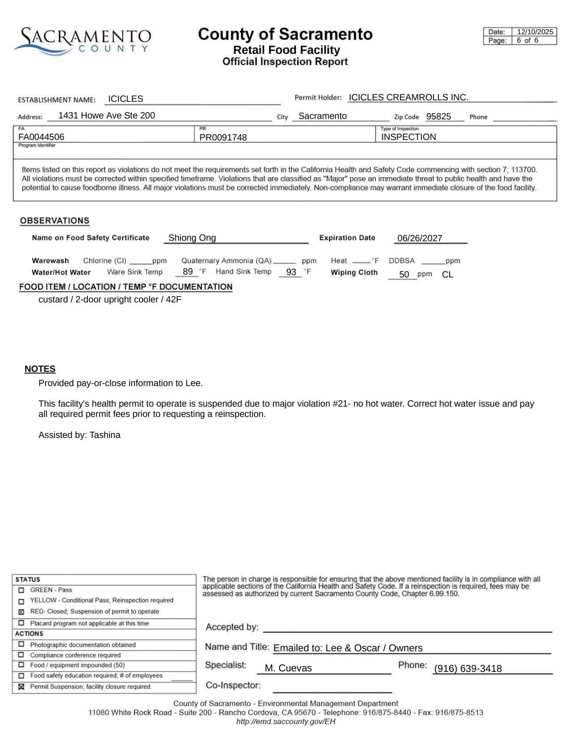 The report noted that the Permit to Operate has expired.