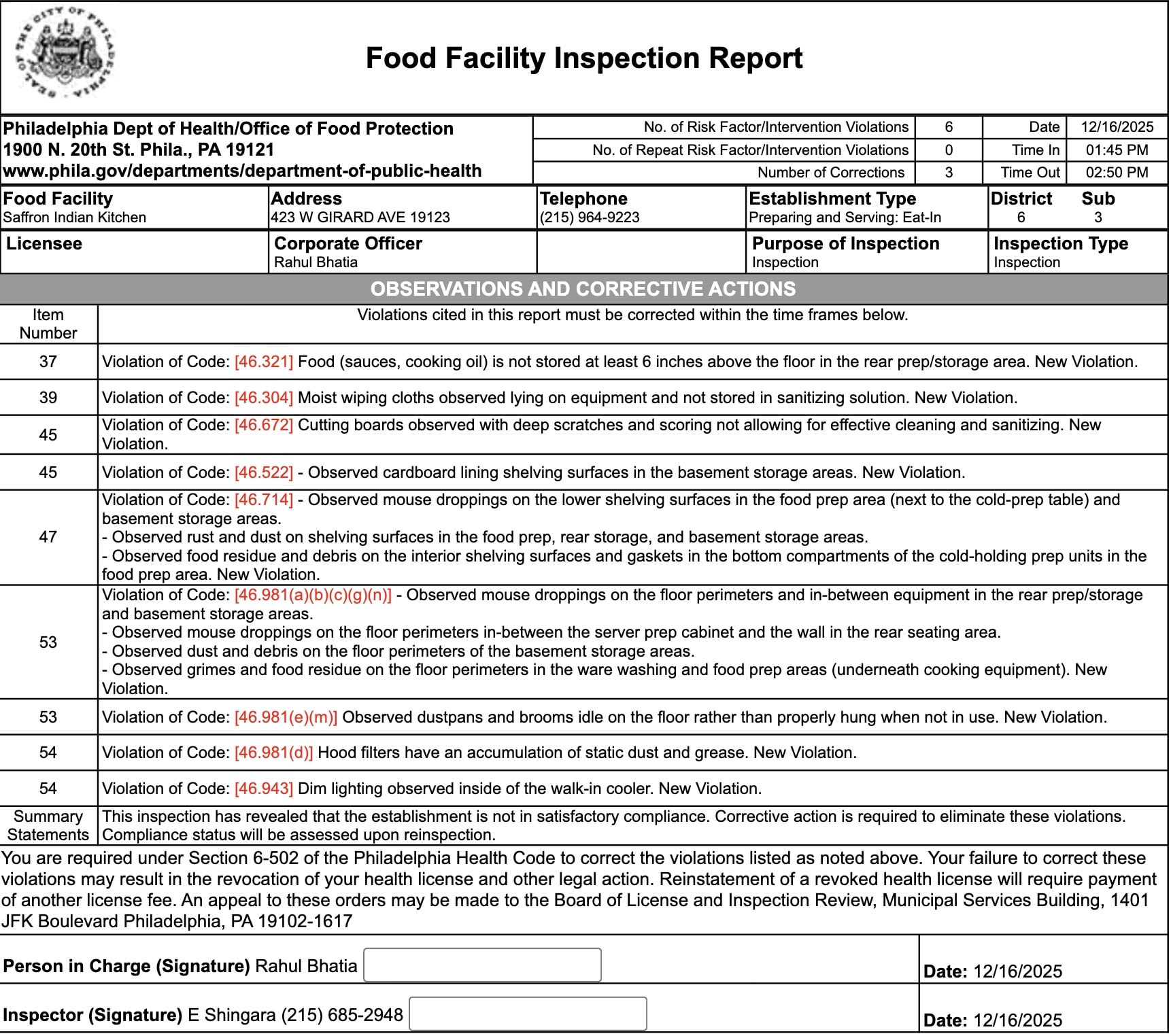 the establishments are not in satisfactory compliance