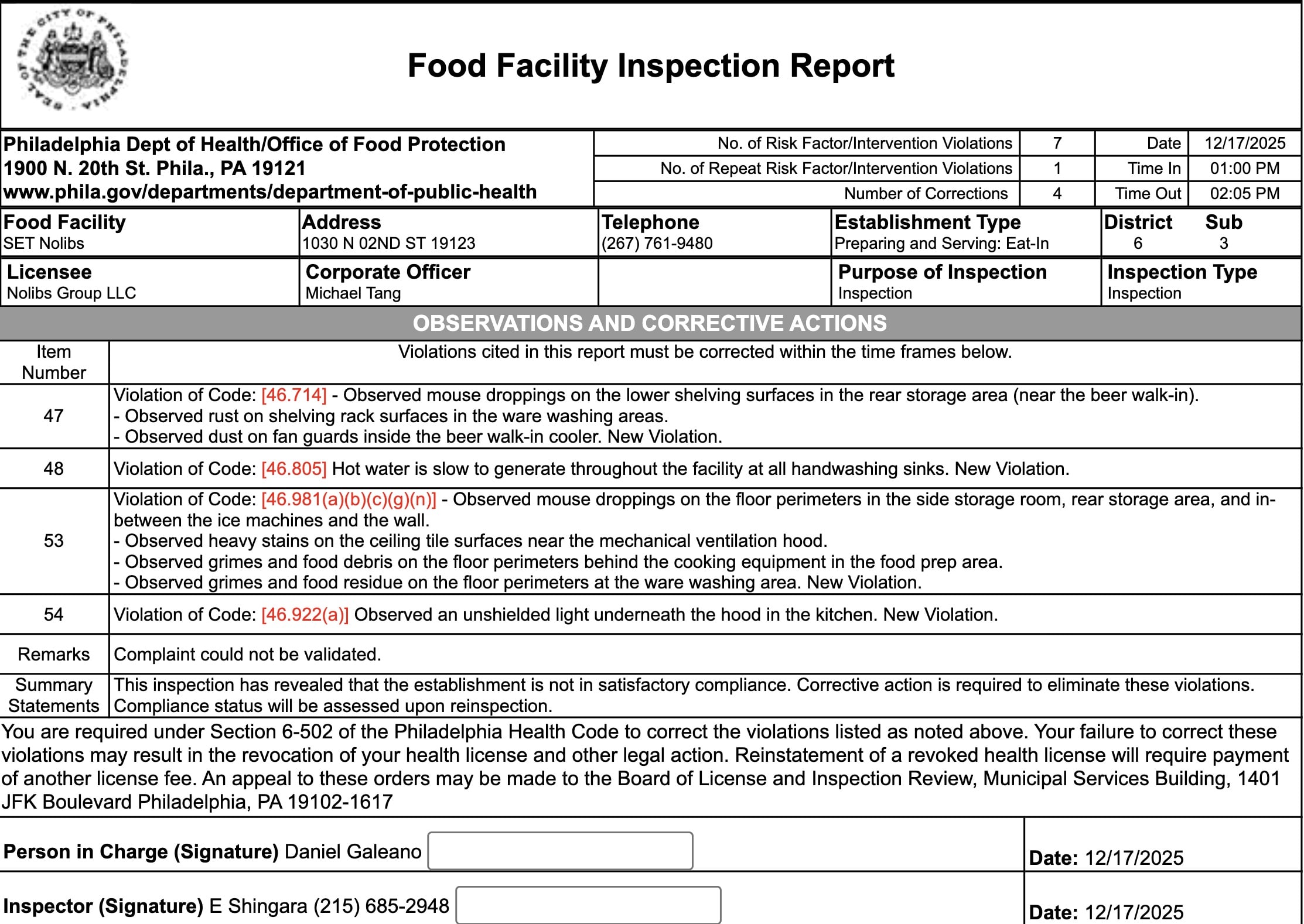 Food was not stored at least 6 inches off the floor in the walk-in cooler.