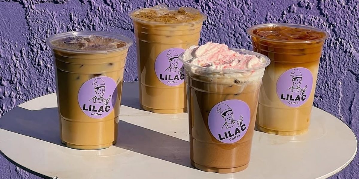 Four coffee drinks with Lilac Coffee branding in front of a purple background