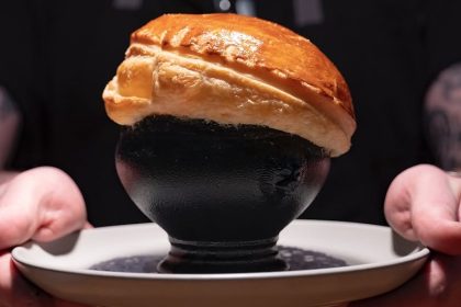 A close up of Confidant's prawn pot pie