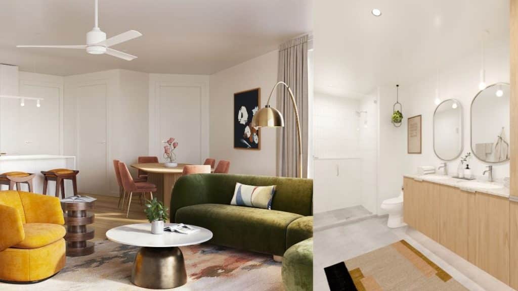 This image shows the living area and bathroom at The Code's residences.