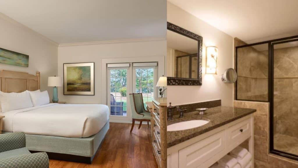 This image shows renovated bedroom and bathroom at the Georgia property.