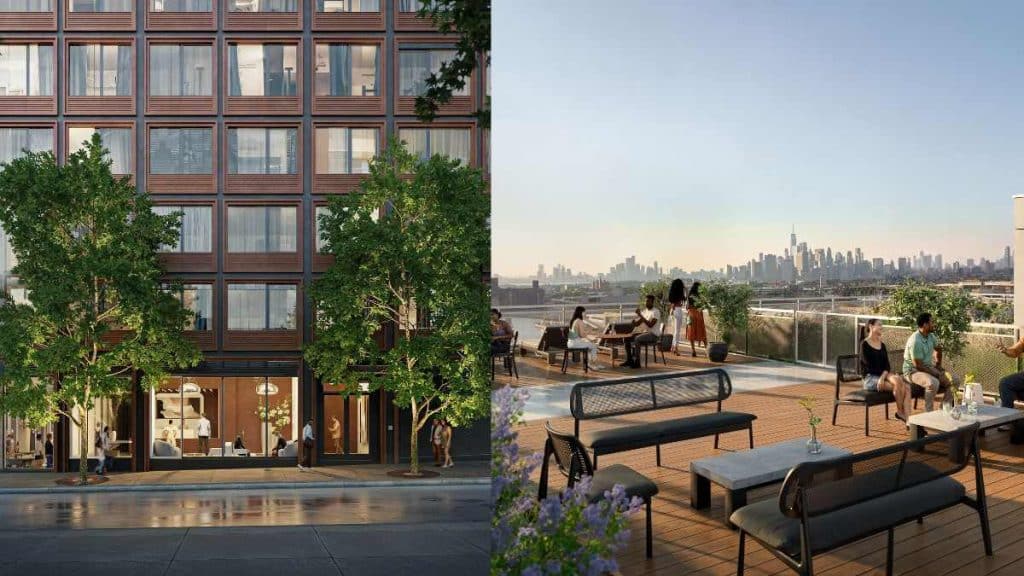 This image shows an outside view of the Brooklyn property along with a rendering of sweeping skyline views.