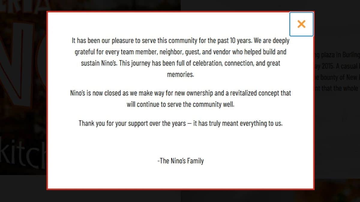 Osteria Nino official notice of closure