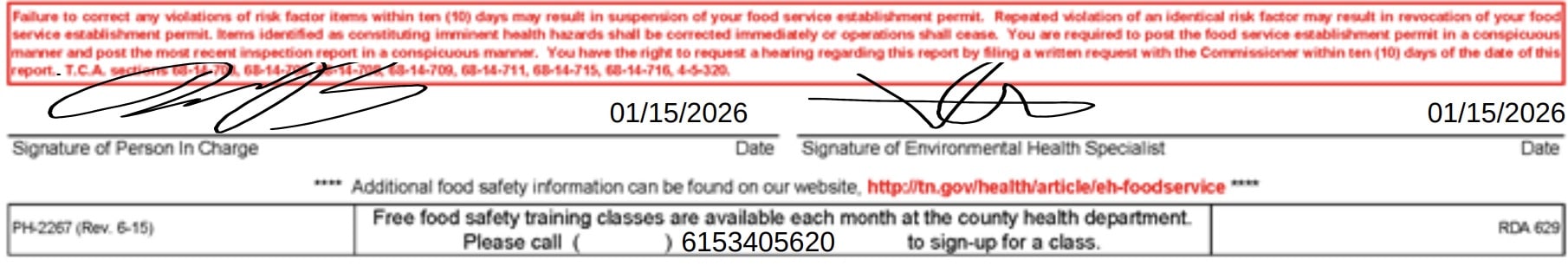 the restaurant is expected to correct the violations of risk factor items within 10 days of the inspection.