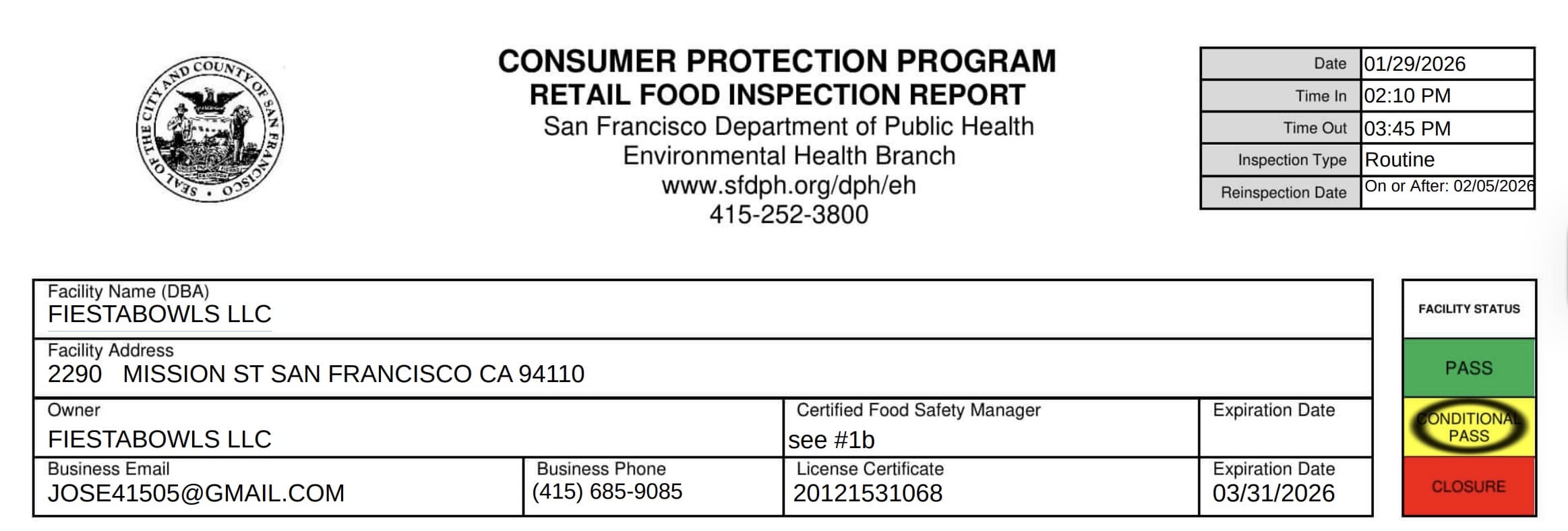 No food safety manager certification was available on site at the time of inspection