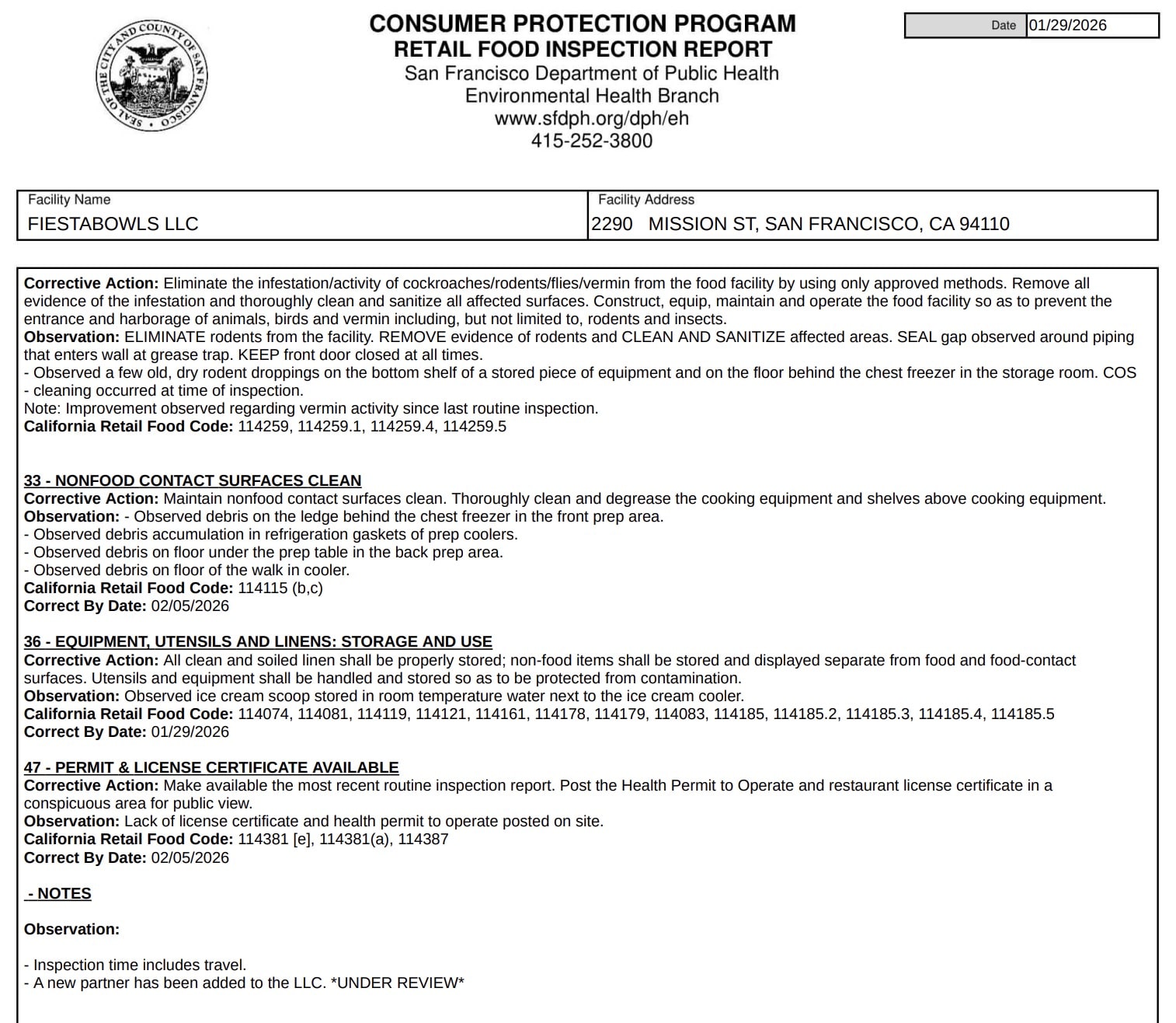 The license certificate and health permit to operate were not posted on site.