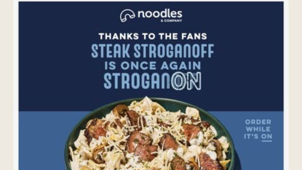 Due to huge demand by fans, Noodles & Company has reintroduced Steak Stroganoff (Source: investor.noodles.com)