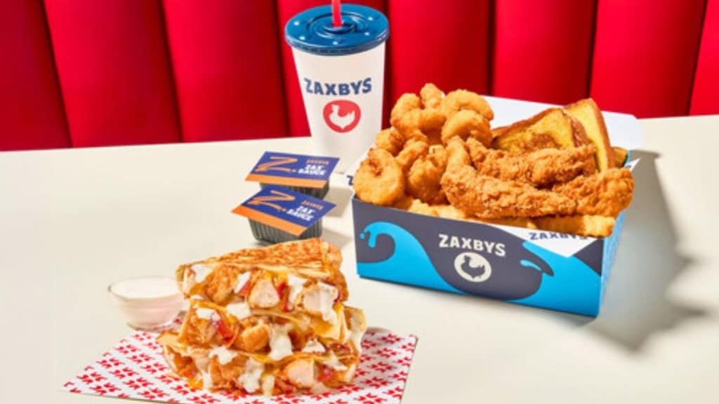 Image of a fulfilling meal by Zaxbys consisting of a giant quesadilla and jumbo shrimp (Source: prnewswire.com)
