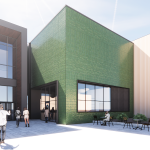 Architectural renderings of the exterior of Blue Sparrow Coffee, with a green tile exterior