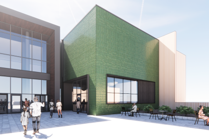 Architectural renderings of the exterior of Blue Sparrow Coffee, with a green tile exterior