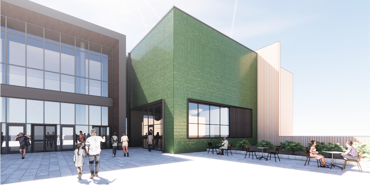Architectural renderings of the exterior of Blue Sparrow Coffee, with a green tile exterior