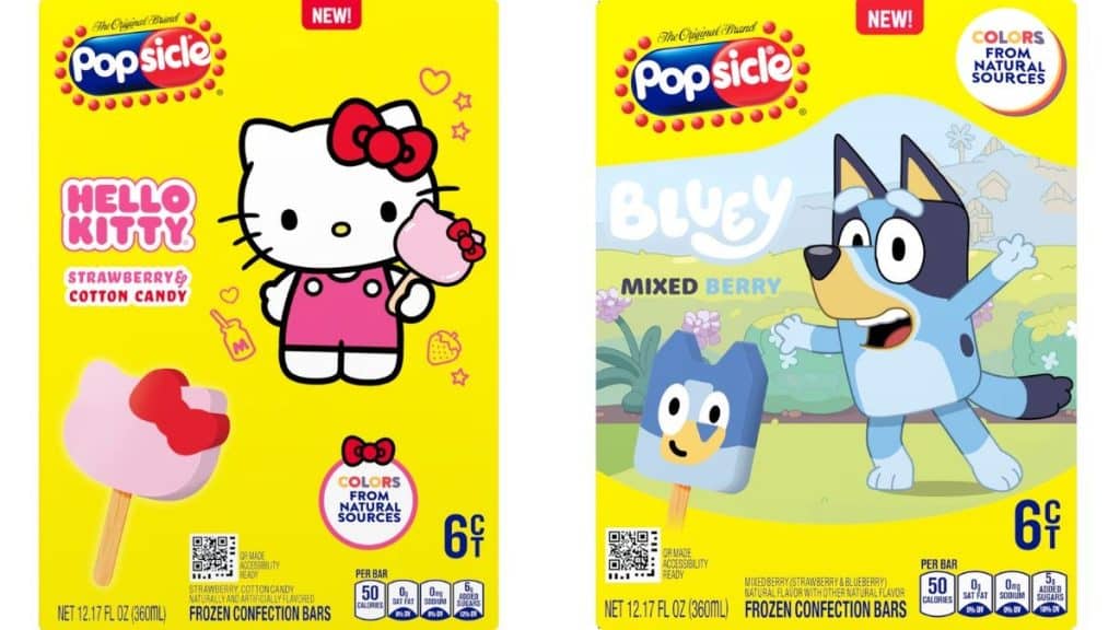 Image of packs of Hello Kitty and Bluey popsicles (Source: popsicle.com)