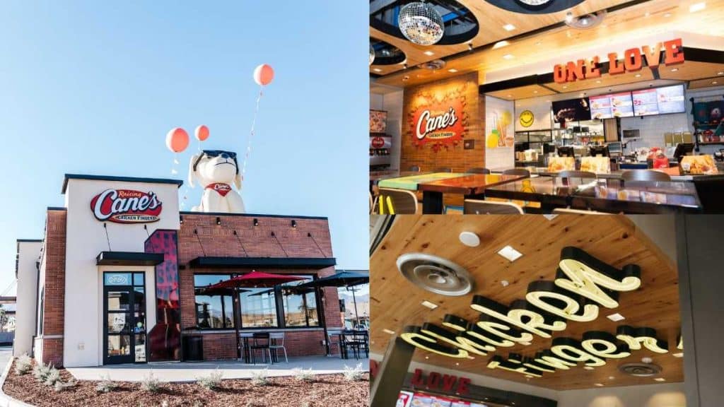 This image shows inside and outside views of Raising Cane's renovated outlet.