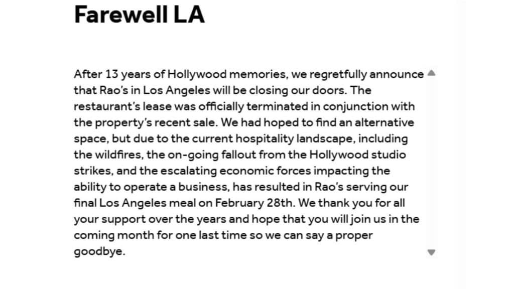 A screenshot of the closure announcement pop-up from Rao’s website