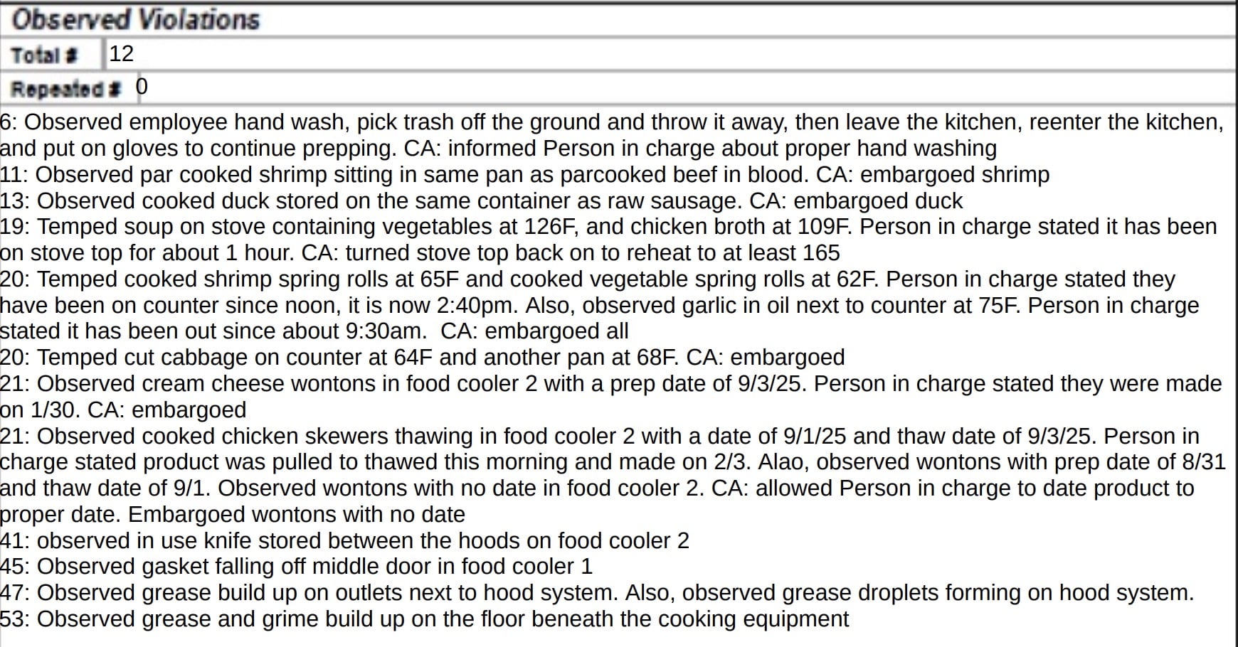 Par-cooked shrimp were seen sitting in the same pan as par-cooked beef in blood. The shrimp were embargoed.