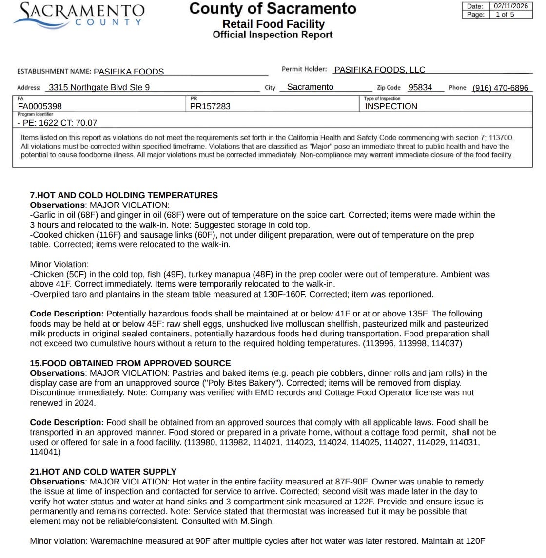The report said cooked chicken (116°F) and sausage links (60°F) were seen out of temperature on the prep table and were not under active preparation. Items were immediately relocated to the walk-in cooler