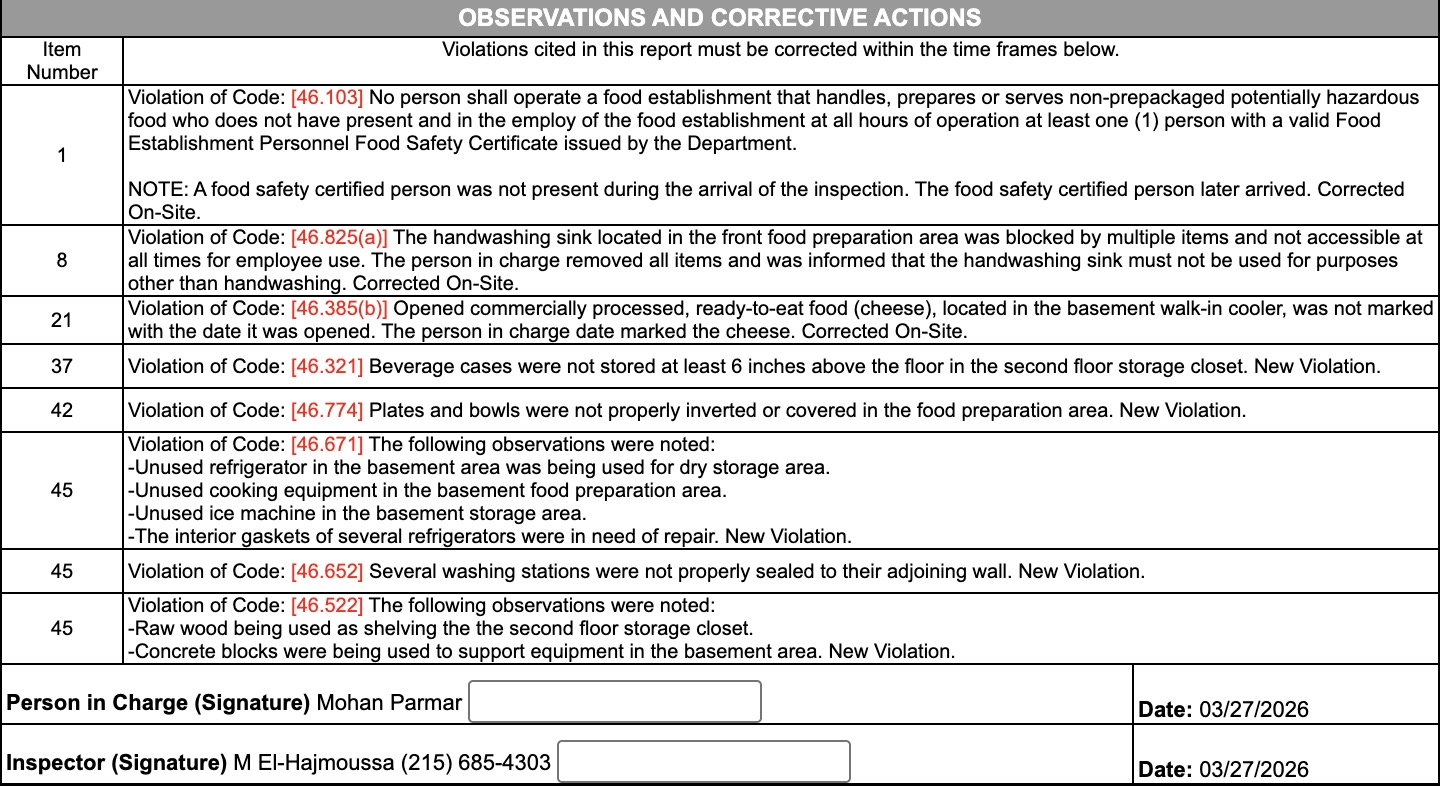 No certified food safety employee was present at the start of the inspection; the individual arrived later