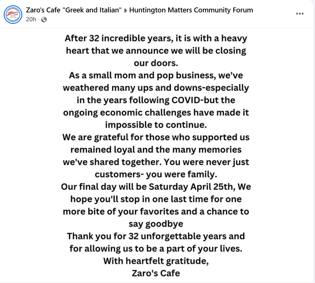 Greek-Italian Favorite of Three Decades to Close Huntington Station Location