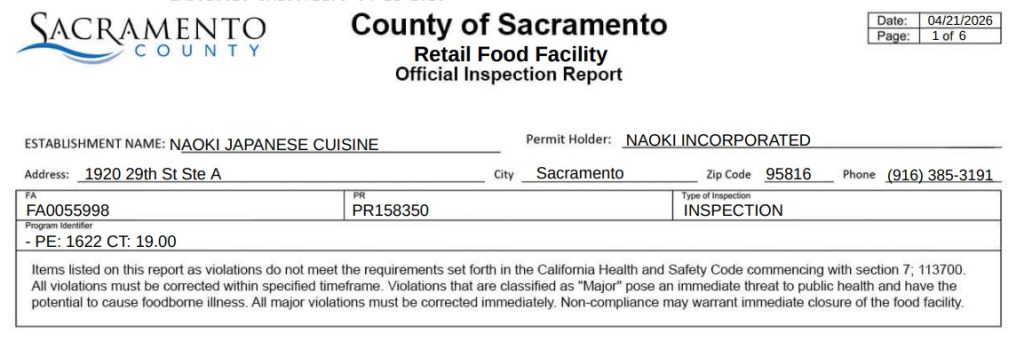 Naoki Japanese Cuisine inspection report details screenshot