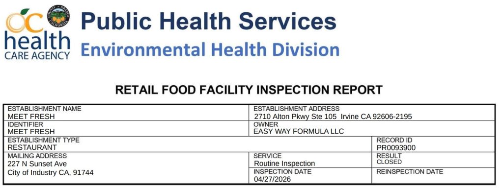 Screenshot Meet Fresh inspection report