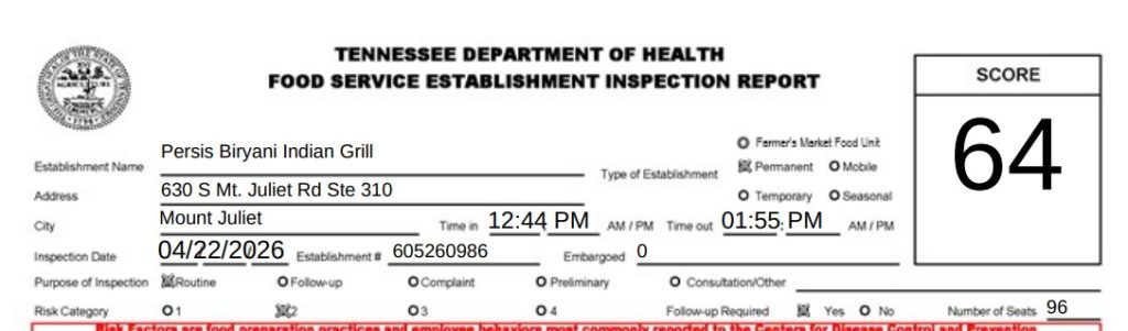 Persis Biryani Indian Grill inspection report screenshot