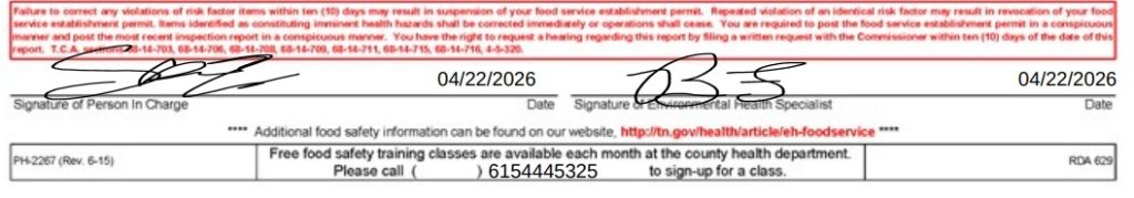 Screenshot of inspection report