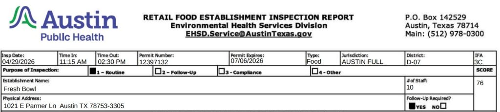 Fresh Bowl Inspection Report screenshot