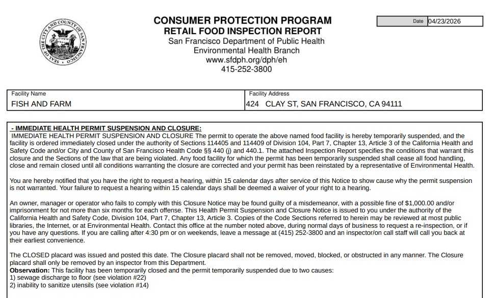 Screenshot of the Fish and Farm inspection report