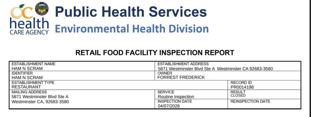 Official inspection report of Ham 'n Scram