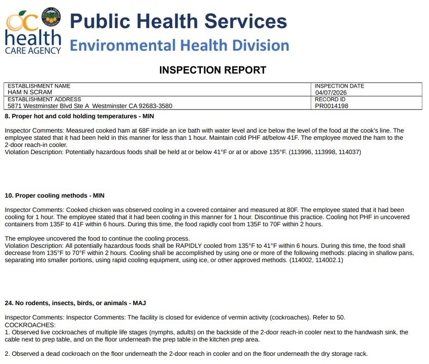 Screenshot of the violations noted Ham 'n Scram