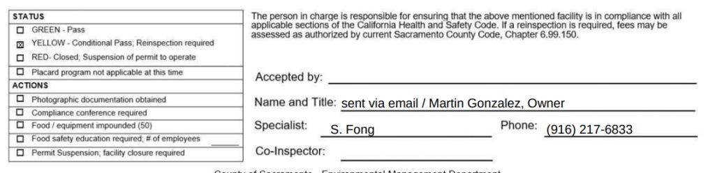 Roosters on the River inspection report