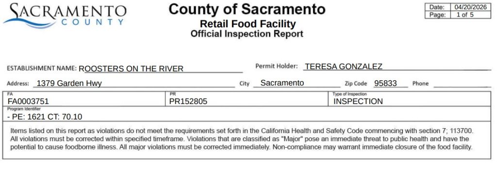 Inspection report of Roosters on the River