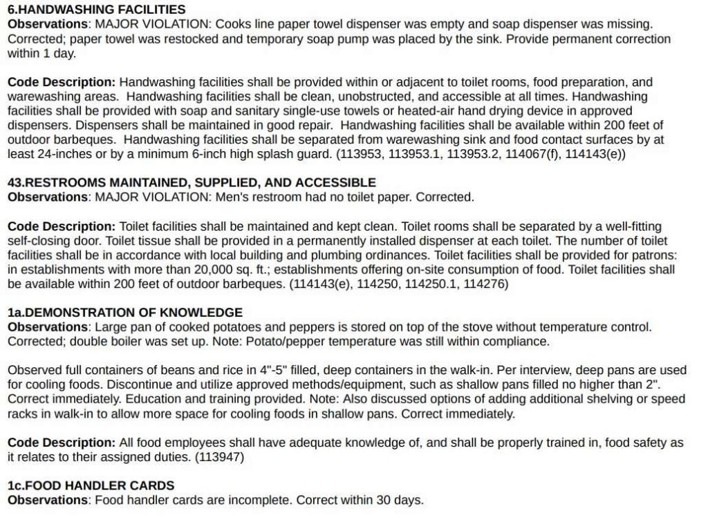 Roosters on the River inspection report screenshot